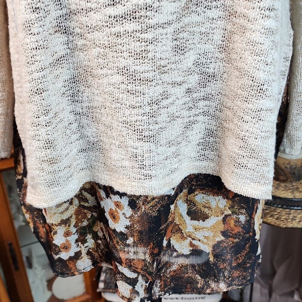 AVA‎ JAMES | Cottagecore Mixed Media Floral Chiffon Layered Marled Knit Top | XL - Picture 3 of 9